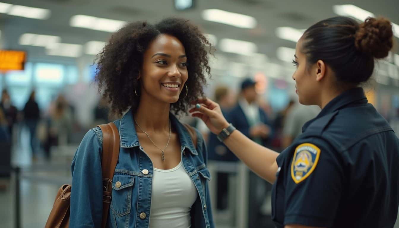 A woman stands calmly in an airport security line while a TSA officer checks her hair. Woman smiling and talking to a TSA officer at an airport security checkpoint.