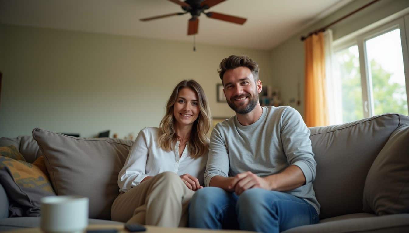 A man and woman in their 30s enjoy a relaxed, candid moment together on a couch in their living room. Smiling couple sitting on a beige sofa in a cozy living room with large windows and natural light.