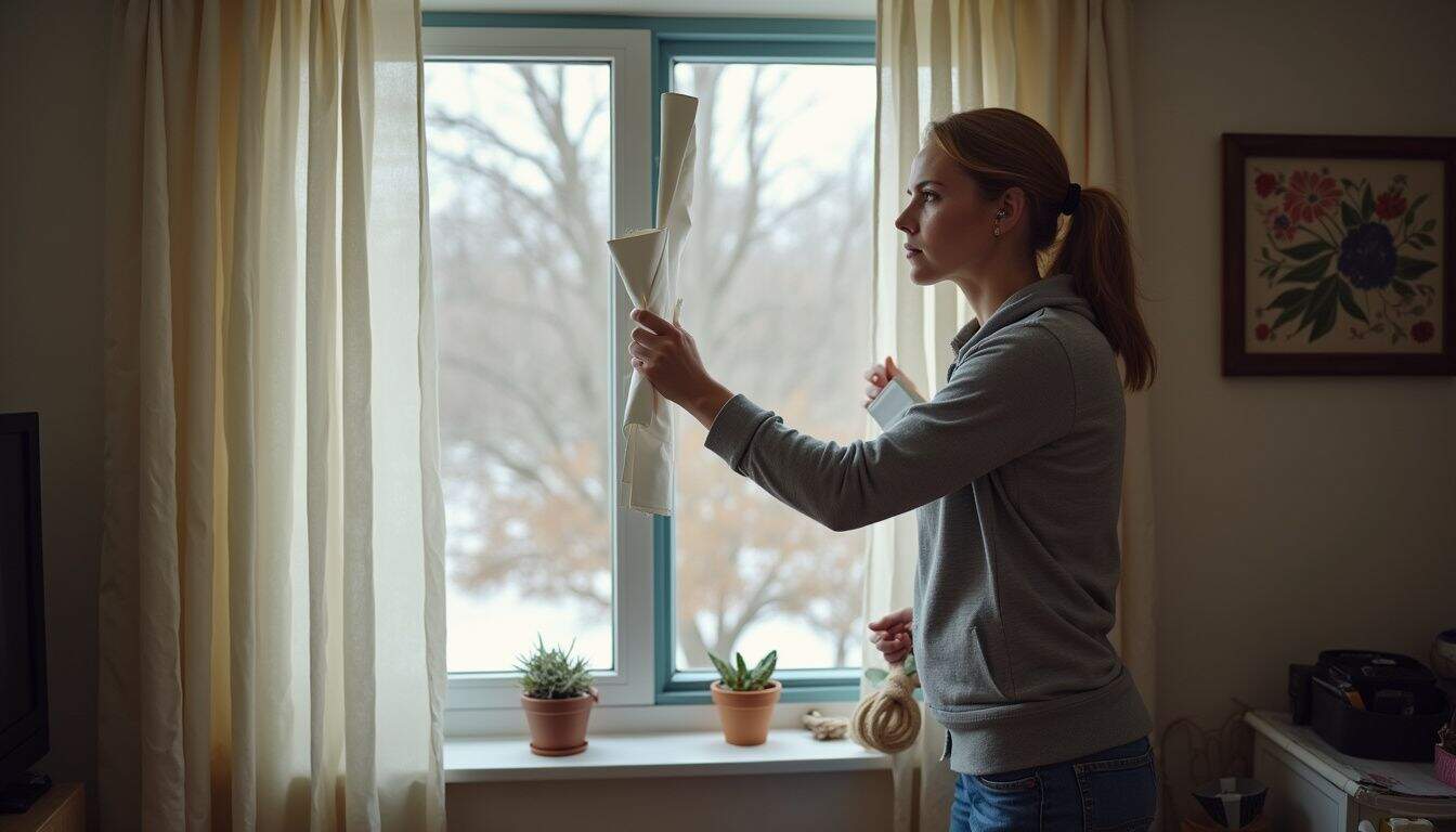 A woman casually replaces curtains in her cozy, cluttered living room on a cold winter day. Dusty blue curtains open to reveal snow outside the window with dried tree branches in the background.