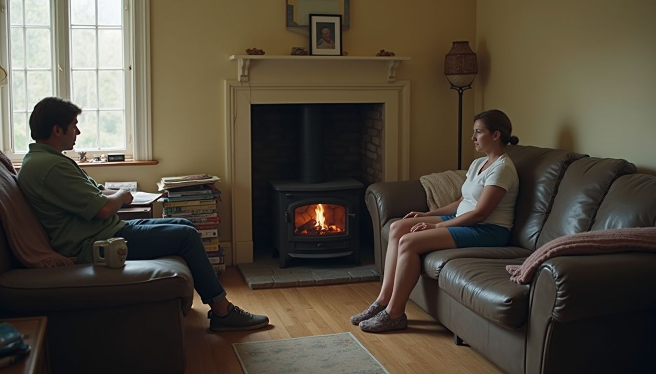 A cozy, lived-in living room features a wood stove and comfortable furniture with everyday items scattered about. A cozy, lived-in living room features a wood stove and comfortable furniture with everyday items scattered about.