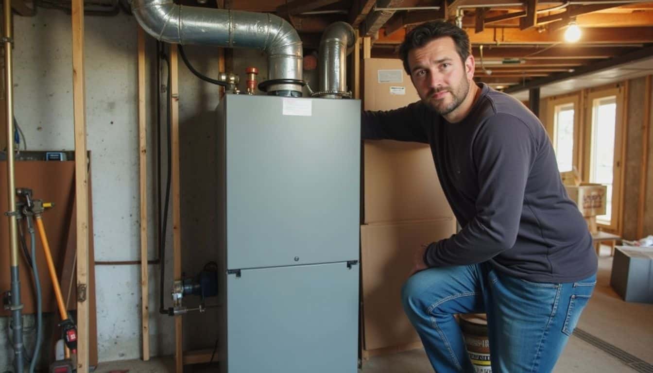 A person is replacing an old gas boiler with a new air-source heat pump in a cluttered basement. High-efficiency furnace installation in a basement, showcasing a man inspecting the new HVAC system for home heating and energy efficiency improvements.