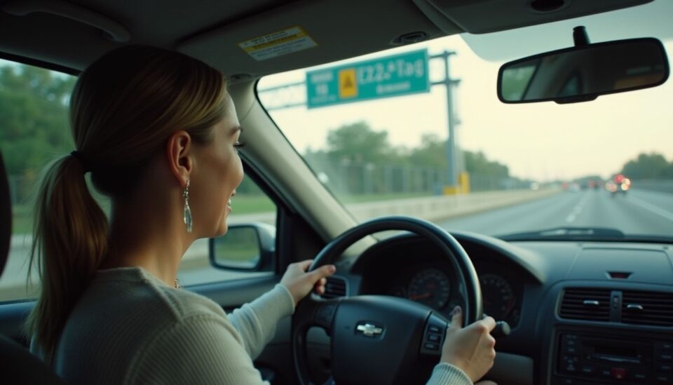 A busy highway toll plaza with vehicles passing through and drivers engaging in everyday moments. Driving a car on highway, woman enjoying road trip, travel adventure, highway transportation, scenic driving experience, woman driver, summer travel, vehicle journey, road trip excitement, highway travel inspiration.