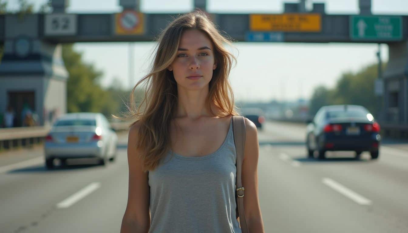 A woman in her 30s casually passes through a toll booth on a busy highway. A woman in her 30s casually passes through a toll booth on a busy highway.