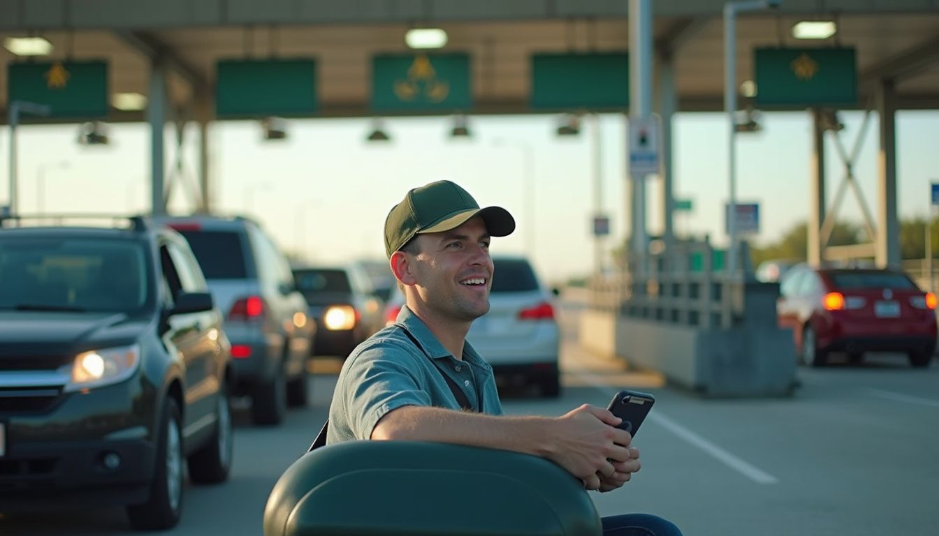 A man in his 30s casually pays a toll with his EZ Tag while driving through a busy toll booth. A man in his 30s casually pays a toll with his EZ Tag while driving through a busy toll booth.