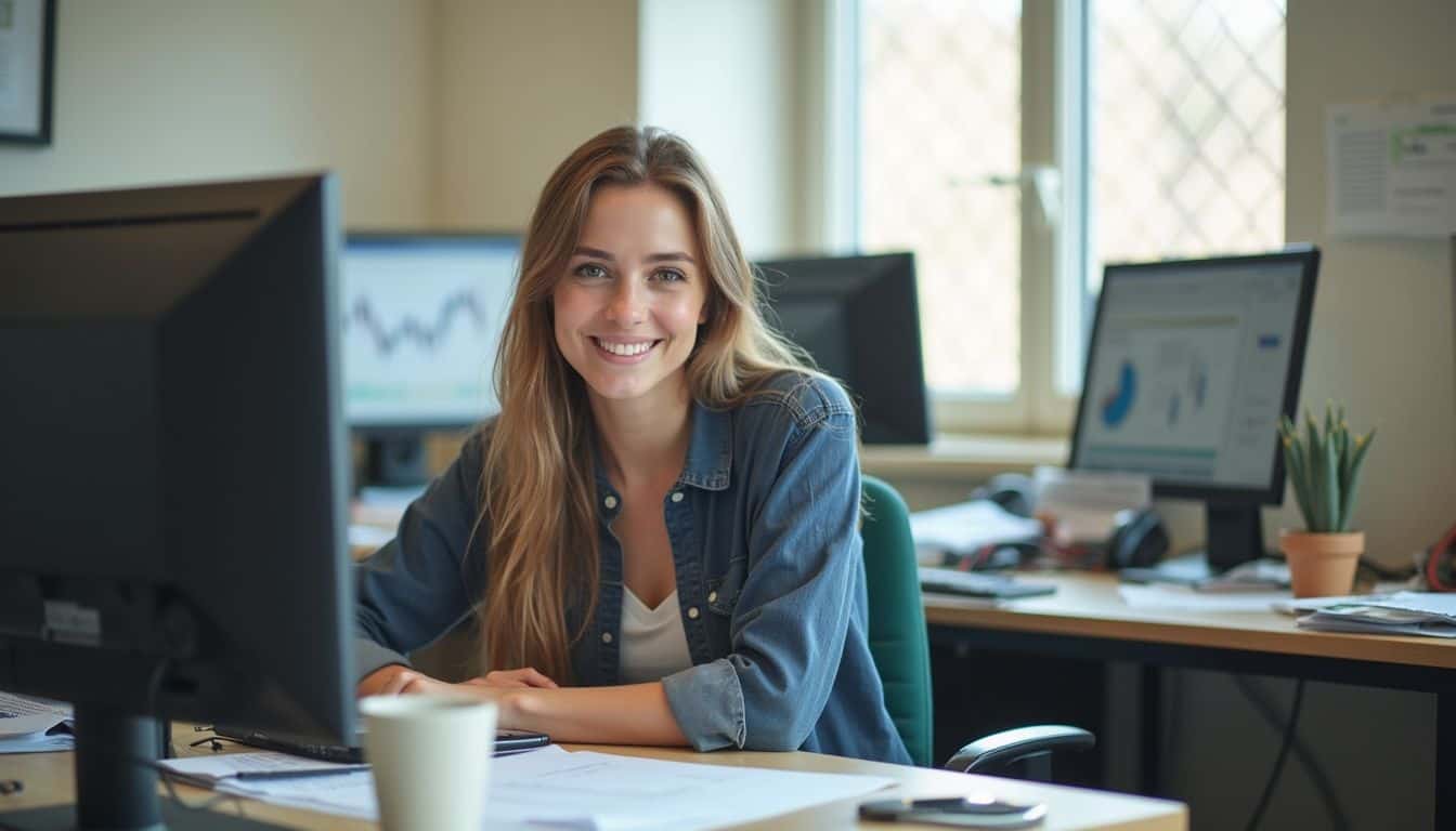 Fun Jobs for Women That Pay Well: 31 Top Picks for 2025 1 Happy young woman working at her desk in an office, surrounded by computer monitors and office supplies, smiling and looking confident.