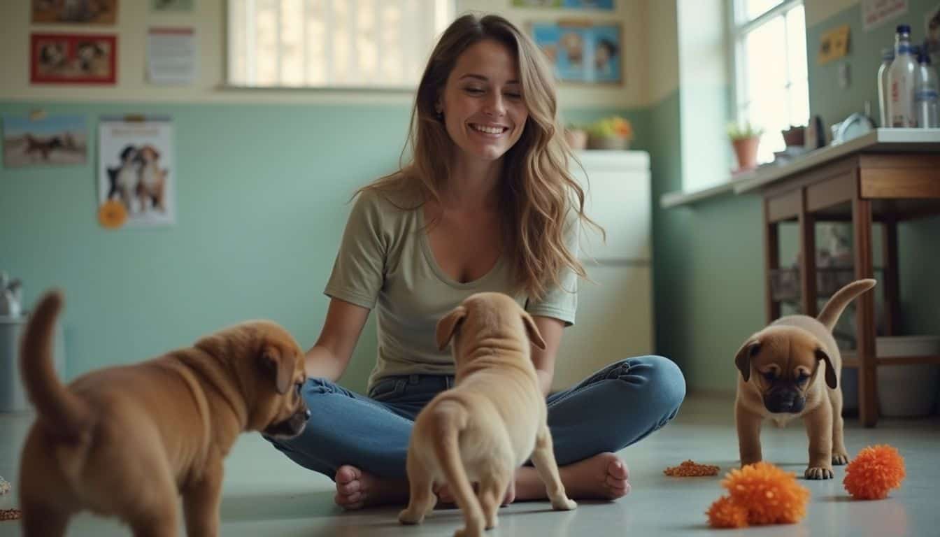 A casually dressed woman sits on the vet clinic floor, smiling as playful puppies bounce around her. Playful puppy training with woman in pet adoption, puppy socialization tips, indoor puppy playtime, dog training and behavior, adorable puppies learning together.