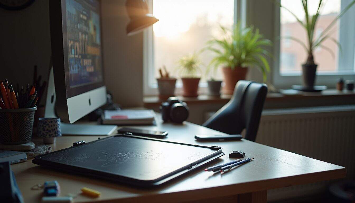 A cozy home office features a computer, art supplies, and people, creating a relaxed, lived-in atmosphere. Young professional's modern workspace with a desktop computer, drawing tablet, and potted plants showcasing a creative and productive office environment.