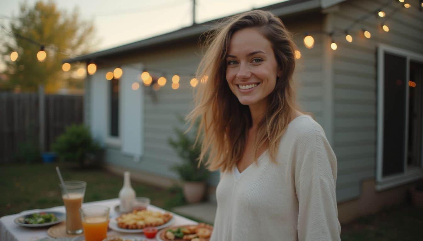 A woman smiles naturally beside a cluttered table of homemade dishes in a casual backyard setting. Vibrant outdoor dinner scene with smiling woman enjoying sunset meal in a cozy backyard setting, featuring string lights and delicious food for a memorable dining experience.