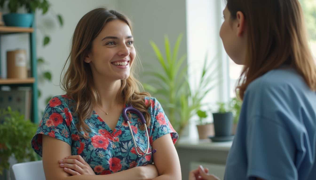 A cheerful woman in colorful medical scrubs engages in conversation in a cozy, lived-in health clinic. Compassionate healthcare nurse listening to patient at clinic.