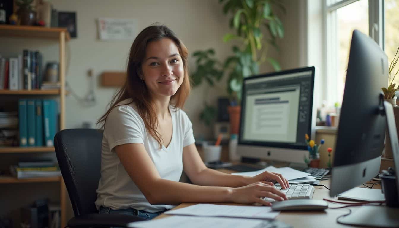 A young woman sits at a cluttered home office desk, looking relaxed and focused on her work. Young woman working on desktop computer in an office setting, smiling at camera, with books and plants in the background.