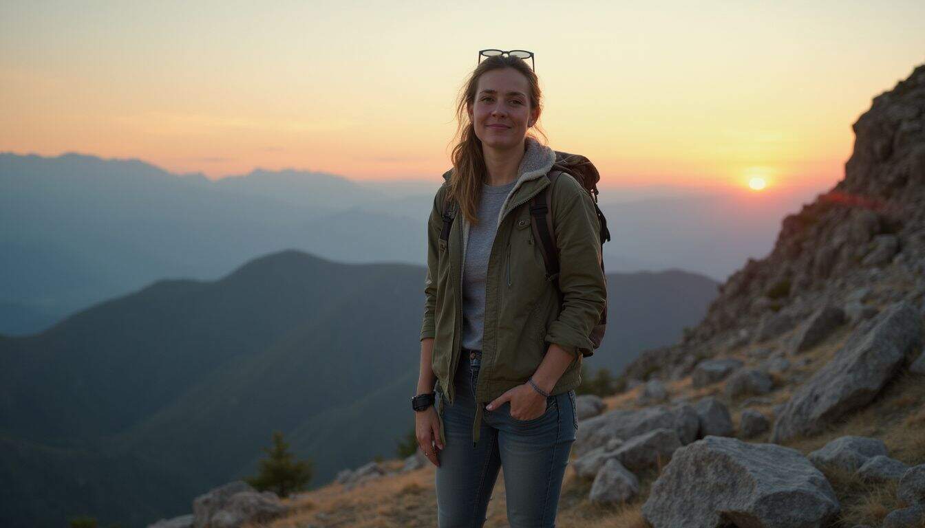 A woman in hiking clothes enjoys a relaxed moment on rocky terrain during an outdoor adventure at sunset. Peaceful mountain sunset with hiker woman enjoying nature, outdoor adventure and exploration, scenic landscape, hiking, and travel lifestyle.