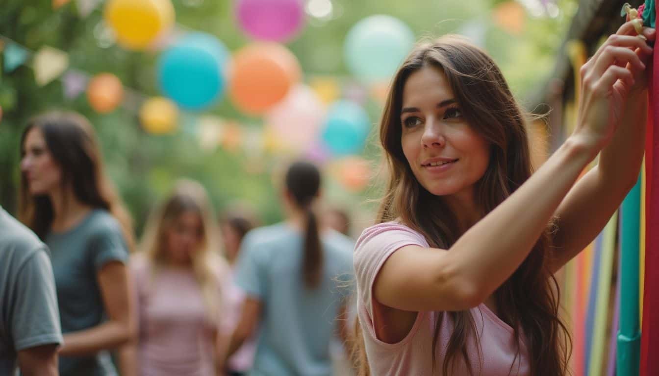 A woman casually decorates for a backyard party, setting up a photo booth amidst a lively atmosphere. Colorful outdoor festival scene with smiling woman decorating ribbons, surrounded by blurred guests, vibrant paper lanterns; joyful, festive atmosphere, perfect for celebration events, outdoor activities, and community gatherings.
