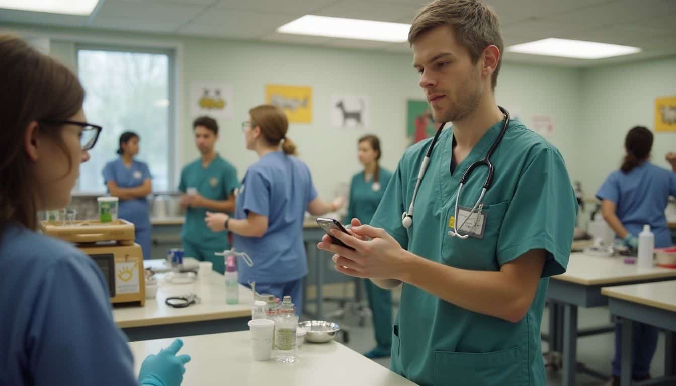 A bustling veterinarian's office filled with exam tables, medical tools, and staff engaged in everyday tasks. Medical students and healthcare professionals in a classroom or training session, practicing and learning clinical skills.
