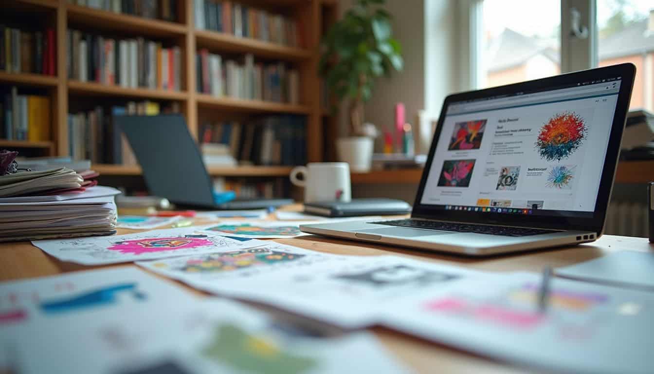 A cluttered home office features colorful sketches, an open laptop with a portfolio, and a bookshelf filled with design books. Colorful art sketches on a cluttered desk with a silver MacBook displaying digital artwork, surrounded by bookshelves, plants, and windows bringing natural light into the creative workspace.