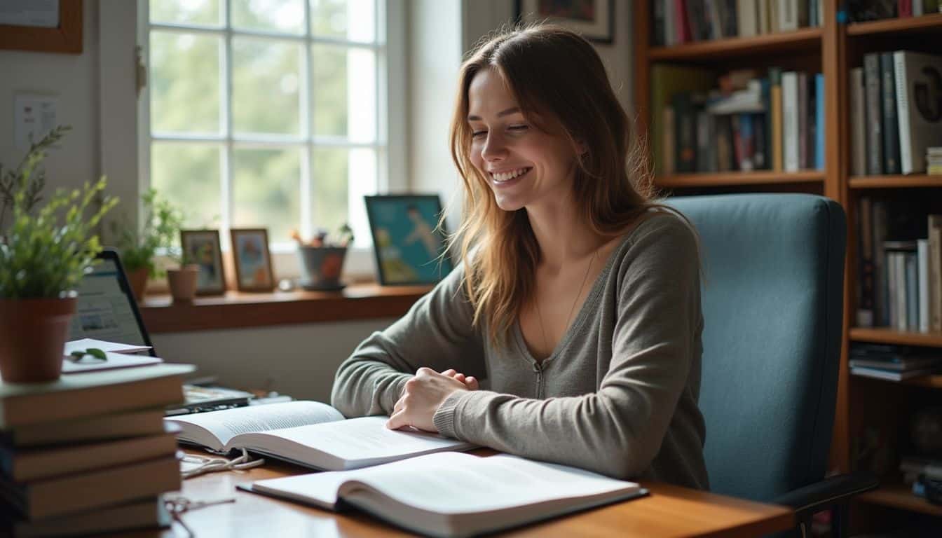 A young woman studies anatomy and massage books at a cluttered home office desk, focused on her work. Relaxed woman studying or reading at home in a cozy, well-lit library with bookshelves, focusing on enjoying lifelong learning and personal development.