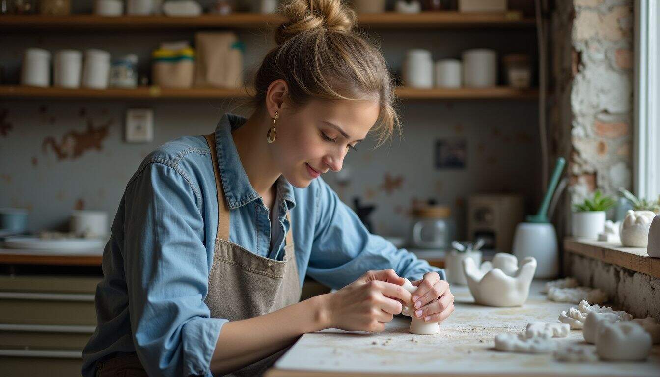 A focused individual in their 30s shapes a dental piece in a cluttered lab, embodying a typical workday moment. Handmade pottery artist creating ceramic sculptures in a cozy studio.