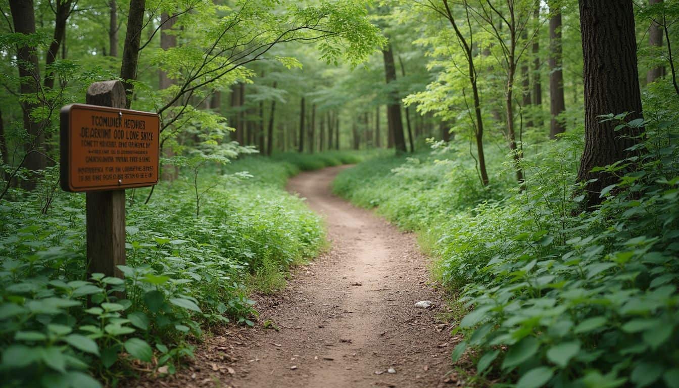 A casual snapshot of a rustic hiking path surrounded by greenery and a weathered sign with local history. Untitled forest trail with lush green trees and foliage in the daytime, scenic nature walk surrounded by vibrant plants, peaceful outdoor experience, perfect for hiking and exploring nature.