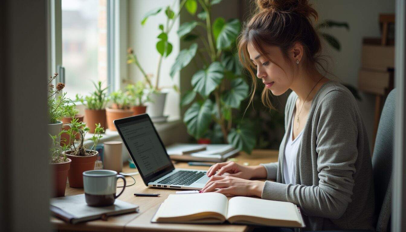 A woman works at a cluttered home desk with a laptop, notebook, coffee mug, and houseplants. A woman works at a cluttered home desk with a laptop, notebook, coffee mug, and houseplants.