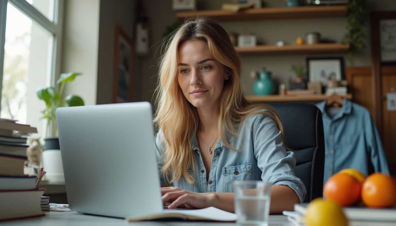 A woman in her mid-30s works casually at a cluttered home office desk surrounded by everyday items. Blonde woman working on laptop at desk in cozy home office.