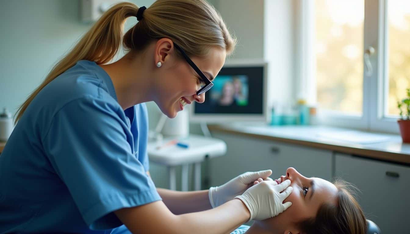 A woman in scrubs checks a patient's gums in a cluttered dental office. Dental hygienist examining patient's teeth in a clinical setting, smiling, in a dental clinic, healthcare professional, oral health care, dental examination, patient care, professional dentistry, dental health check, clean teeth.