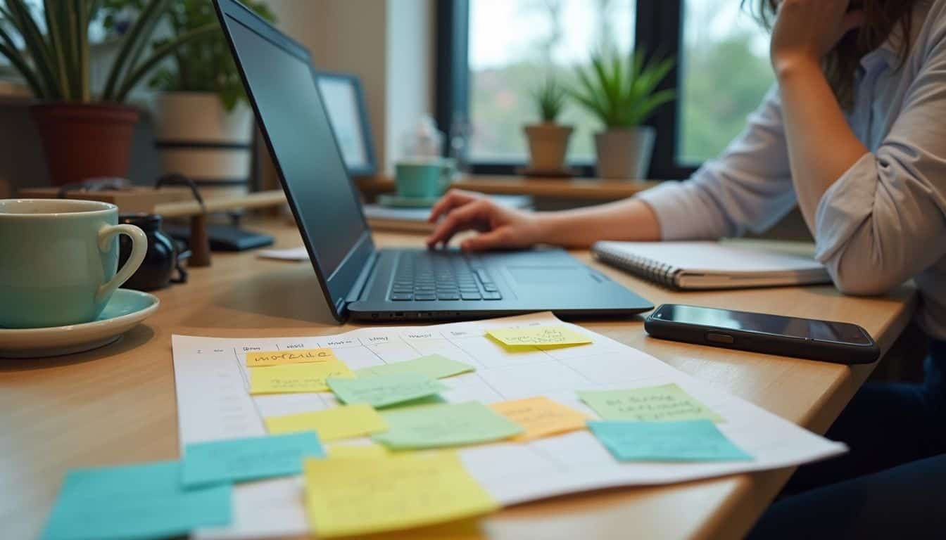 A cluttered office desk featuring an open laptop, sticky notes, a calendar, and a half-drunk coffee mug. Post-it notes on work planner with laptop, coffee mug, smartphone, and notebook in a bright office setting.