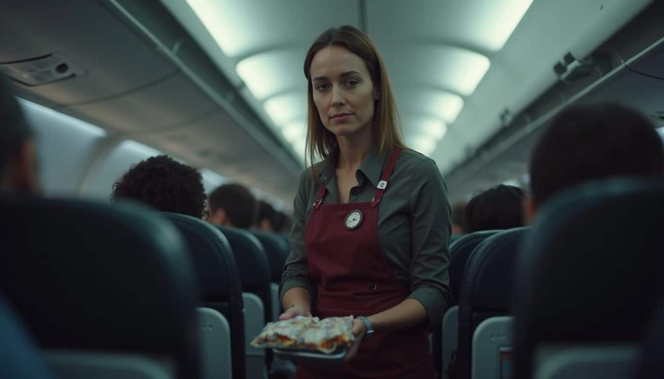 A flight attendant casually serves snacks to passengers in a cluttered airplane cabin during a busy flight. A young flight attendant serving food on an airplane during a flight.
