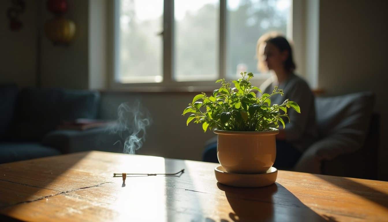 Potted green plant on wooden table with sunlight streaming through window in background.