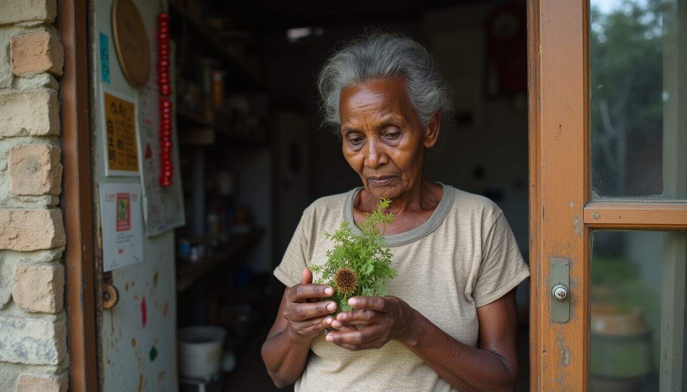 Wildflower herbs garden, elderly woman examining plant, peaceful rural home, botanical caretaker, backyard plant research, garden plant care, natural herbal remedies, sustainable gardening tips.