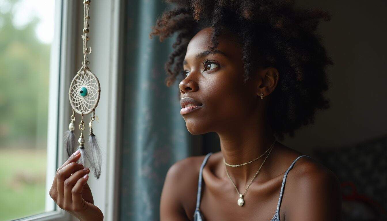 Dreamcatcher jewelry, African American woman, natural hair, indoor lighting, looking out window, peaceful expression, spiritual accessories, lifestyle photography, interior setting, beauty and jewelry.