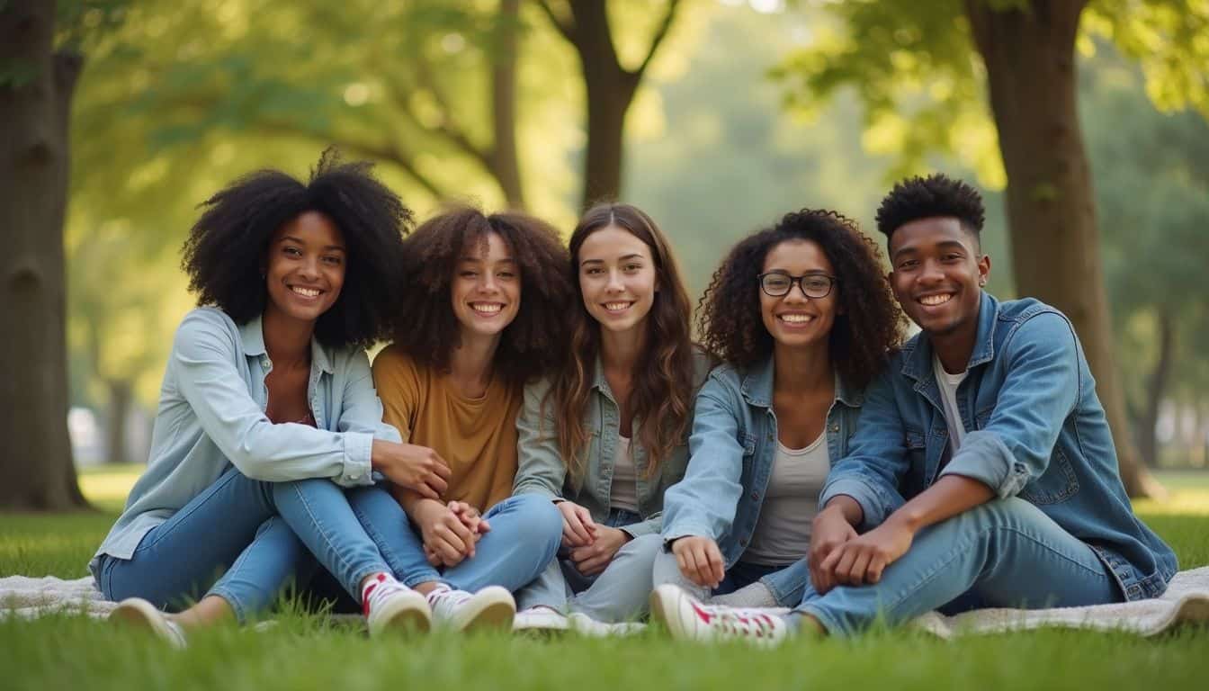 Smiling diverse group of African American and Caucasian friends sitting on the grass in a park, enjoying a sunny day, highlighting friendship and outdoor relaxation.