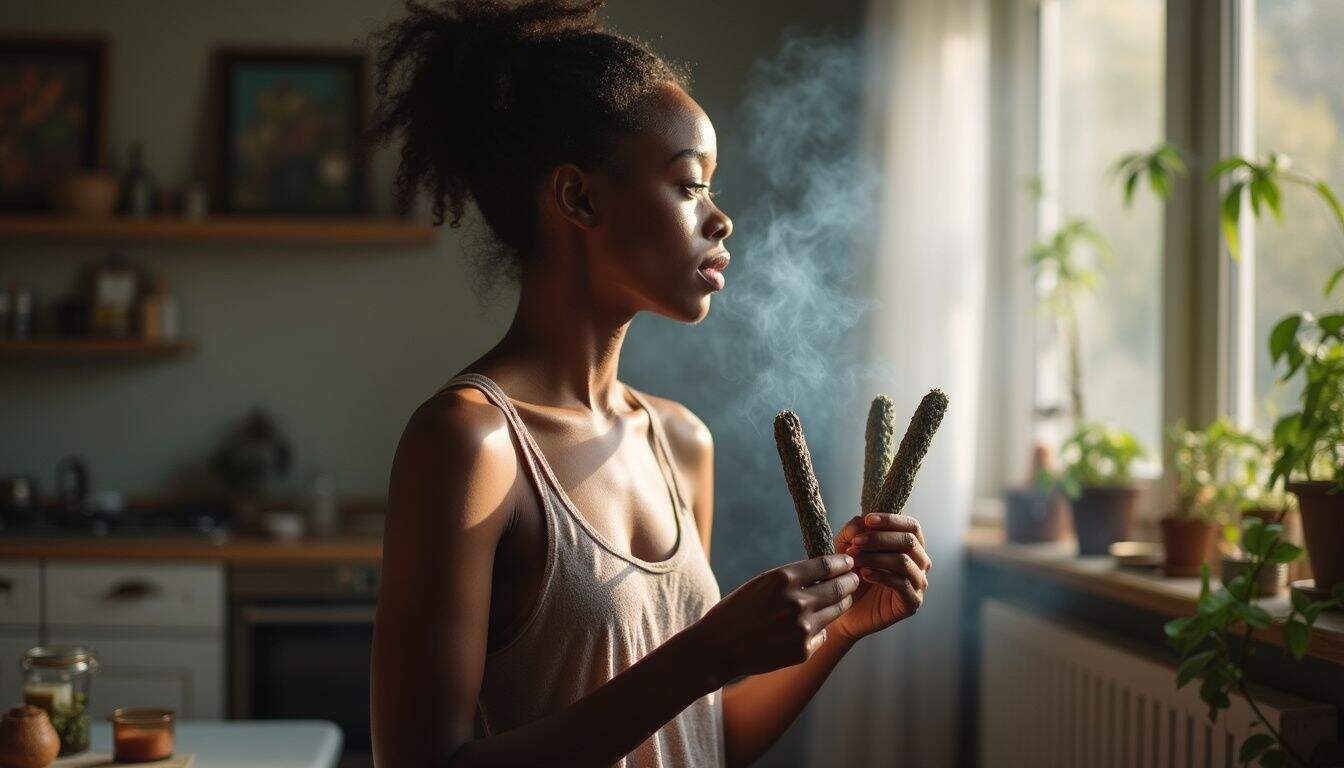 Smoking sage sticks in a cozy kitchen for relaxation and wellness benefits.
