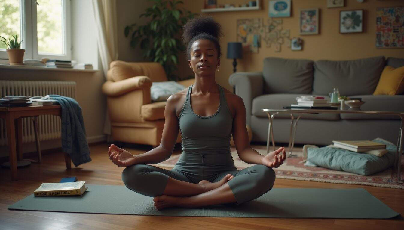 Calm woman meditating indoors in living room, practicing mindfulness and yoga for stress relief and relaxation.