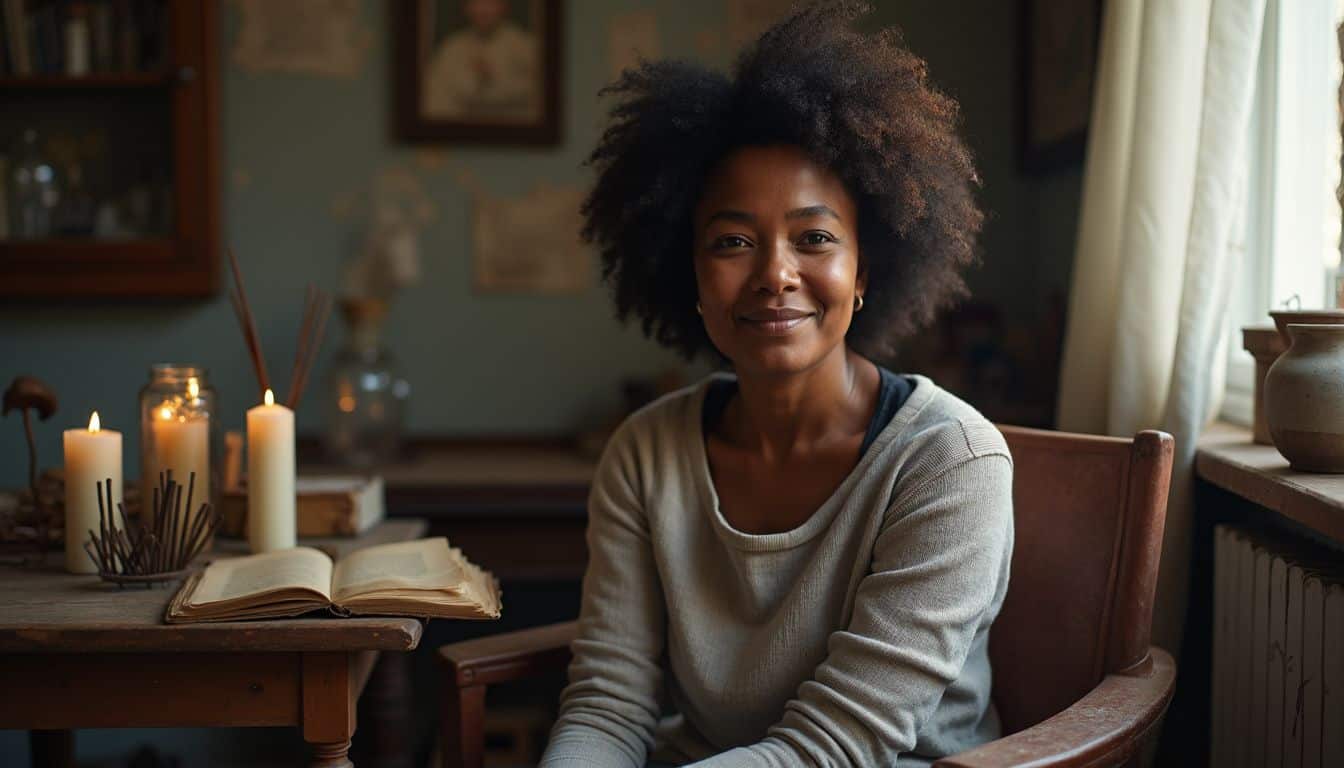 Cozy indoor scene featuring a smiling woman with natural curly hair sitting at a wooden table with lit candles and an open book, creating a warm, inviting atmosphere for relaxation and reading.