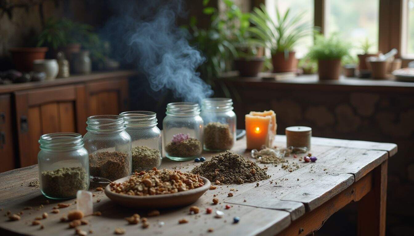 Handmade herbal incense blends in glass jars on rustic wooden table with natural sunlight.