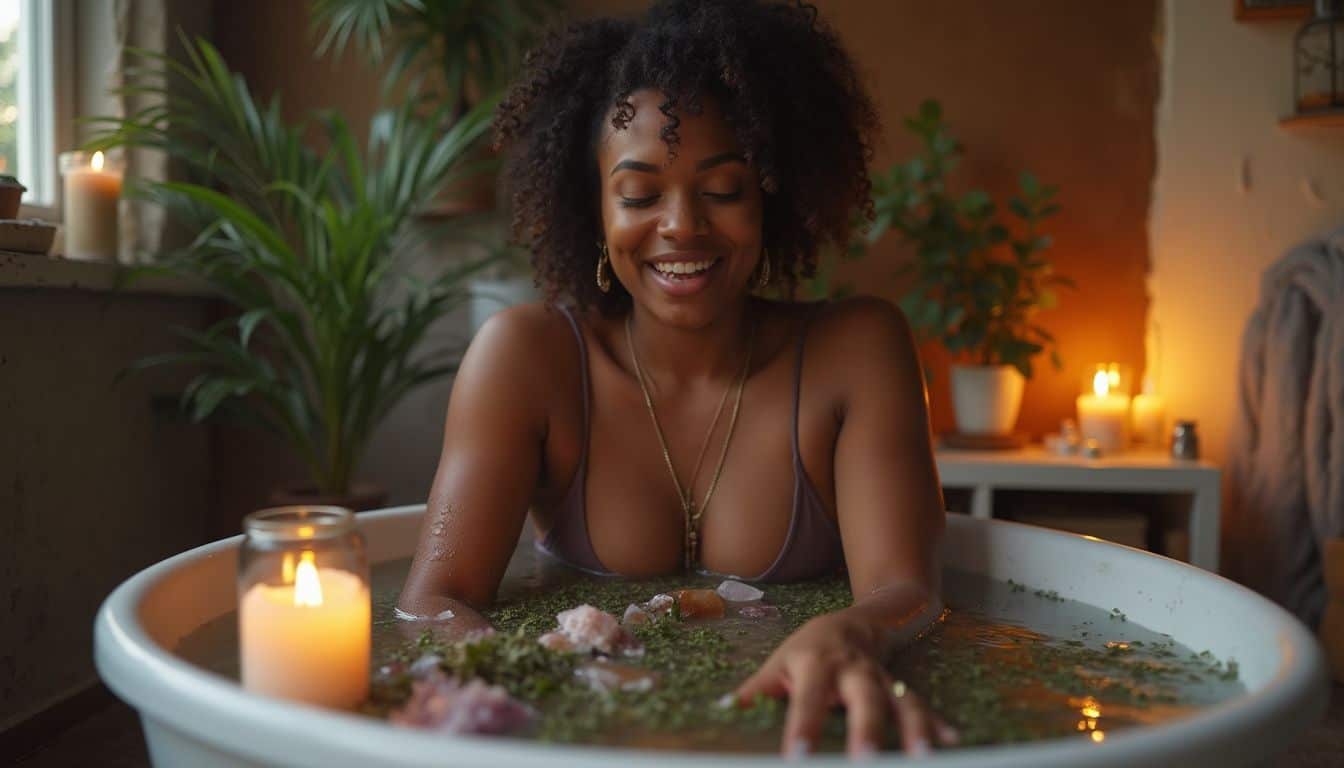 Relaxing bath with candles, flowers, and herbal infusions for self-care and stress relief.