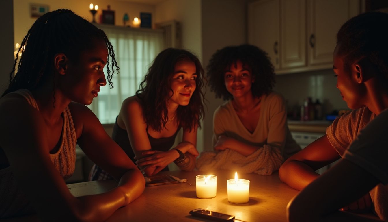 A group of young friends casually enjoying each other's company in a relaxed, personal gathering.