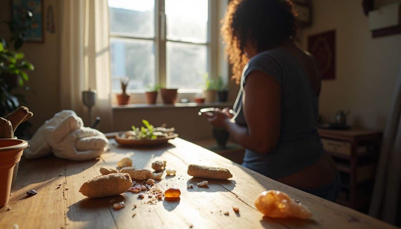 Crumb-filled kitchen table with baking ingredients and a woman using her phone in natural light.