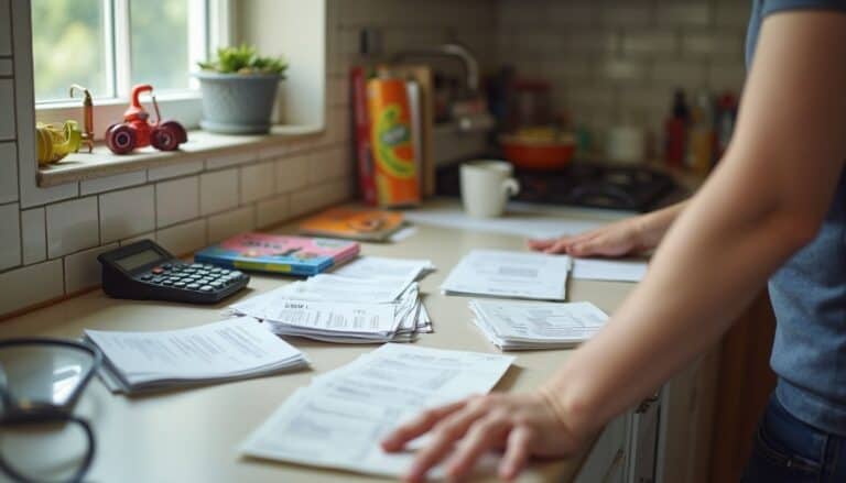 Stacks of paperwork and bills on kitchen counter with calculator and notebooks, person preparing finances in home kitchen for budget planning or bill organization.