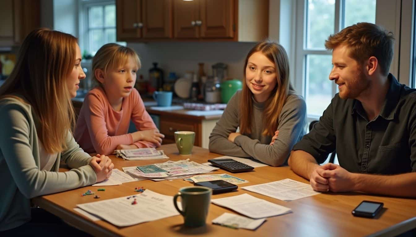 A family gathers around a cluttered kitchen table, engaging in everyday life amidst bills, toys, and casual attire. A family gathers around a cluttered kitchen table, engaging in everyday life amidst bills, toys, and casual attire.