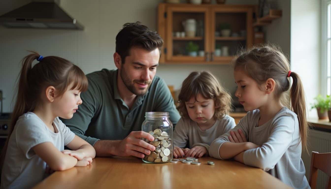 A family of four discusses finances at their kitchen table, using a mason jar filled with coins and bills. A family of four discusses finances at their kitchen table, using a mason jar filled with coins and bills.