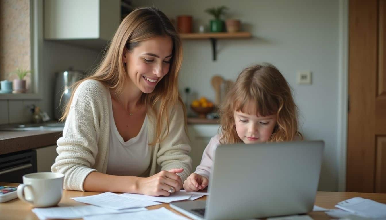 A woman in her 30s engages with her kids while managing bills at the kitchen table, capturing a candid family moment. A woman in her 30s engages with her kids while managing bills at the kitchen table, capturing a candid family moment.