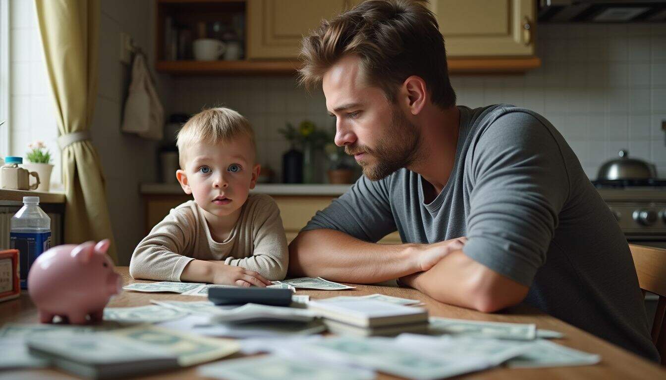 A dad and his young son discuss budgeting and saving at a cluttered kitchen table. A dad and his young son discuss budgeting and saving at a cluttered kitchen table.
