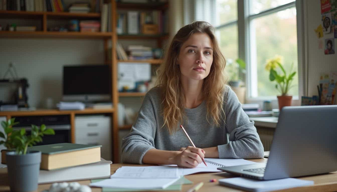 A woman in her mid-30s studies at a cluttered desk, surrounded by textbooks and notes, focused on exam prep. Studious woman working at home office with laptop and notebooks, cozy educational space, remote learning, studying, personal development, tidbits of experience.