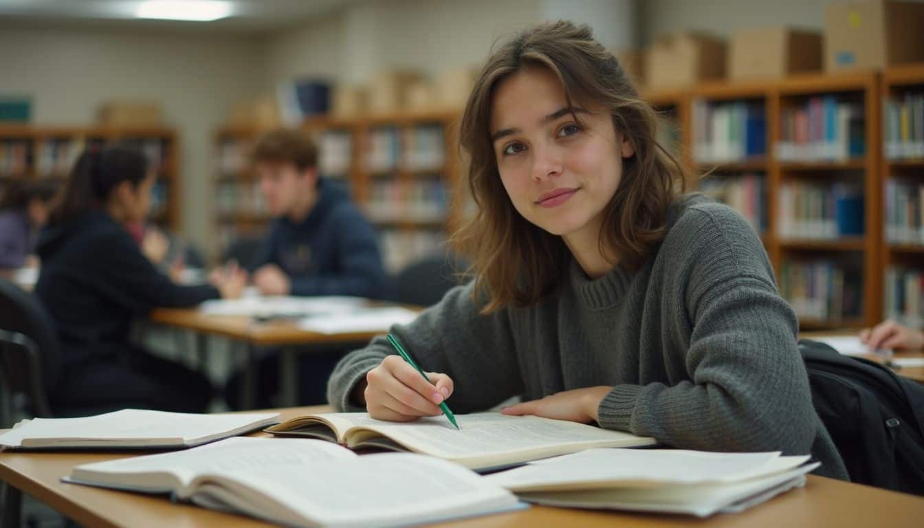 A graduate student sits at a cluttered table, studying with textbooks and notes in a busy university library. Studious young woman studying in a library, surrounded by books, with a confident expression and a pen in hand, representing academic success, learning, and student life.