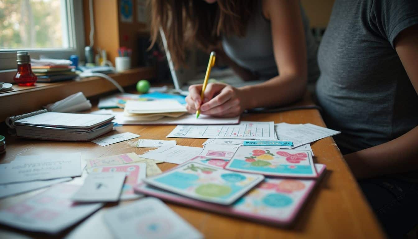 A cluttered desk filled with speech therapy materials reflects a cozy, lived-in workspace. Cluttered wooden desk with colorful children's artwork, notebooks, and papers in a bright home office, parents planning and organizing activities for kids, cozy workspace for family projects.