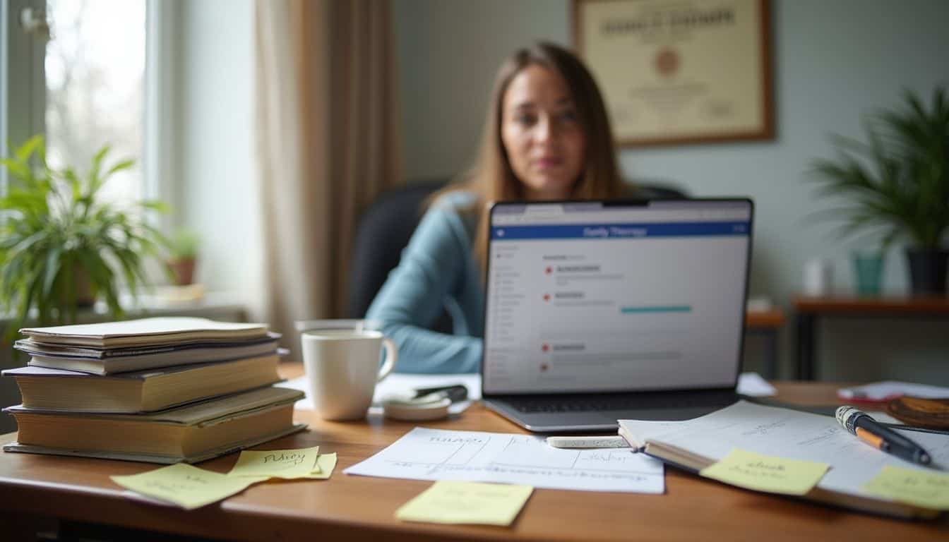 How to Become a Family Therapist: 10 Steps to Get Licensed Now 1 Overloaded desk with books, papers, and office supplies in a home office setting.