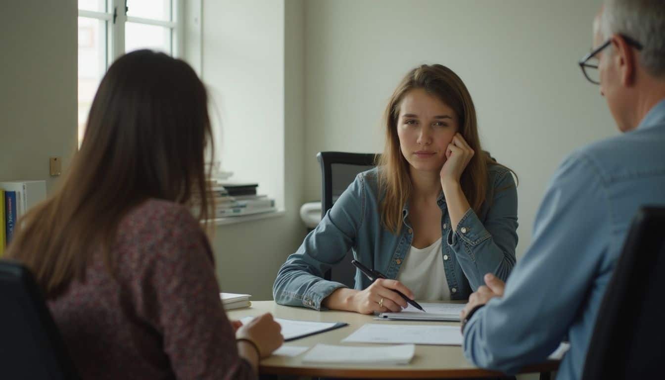 A casually dressed woman in her late 20s sits in a cluttered office, appearing relaxed yet slightly tired. Assertive young woman during a counseling or therapy session with a professional, sitting at a desk with paperwork, in a well-lit office setting, focusing on mental health and emotional support.