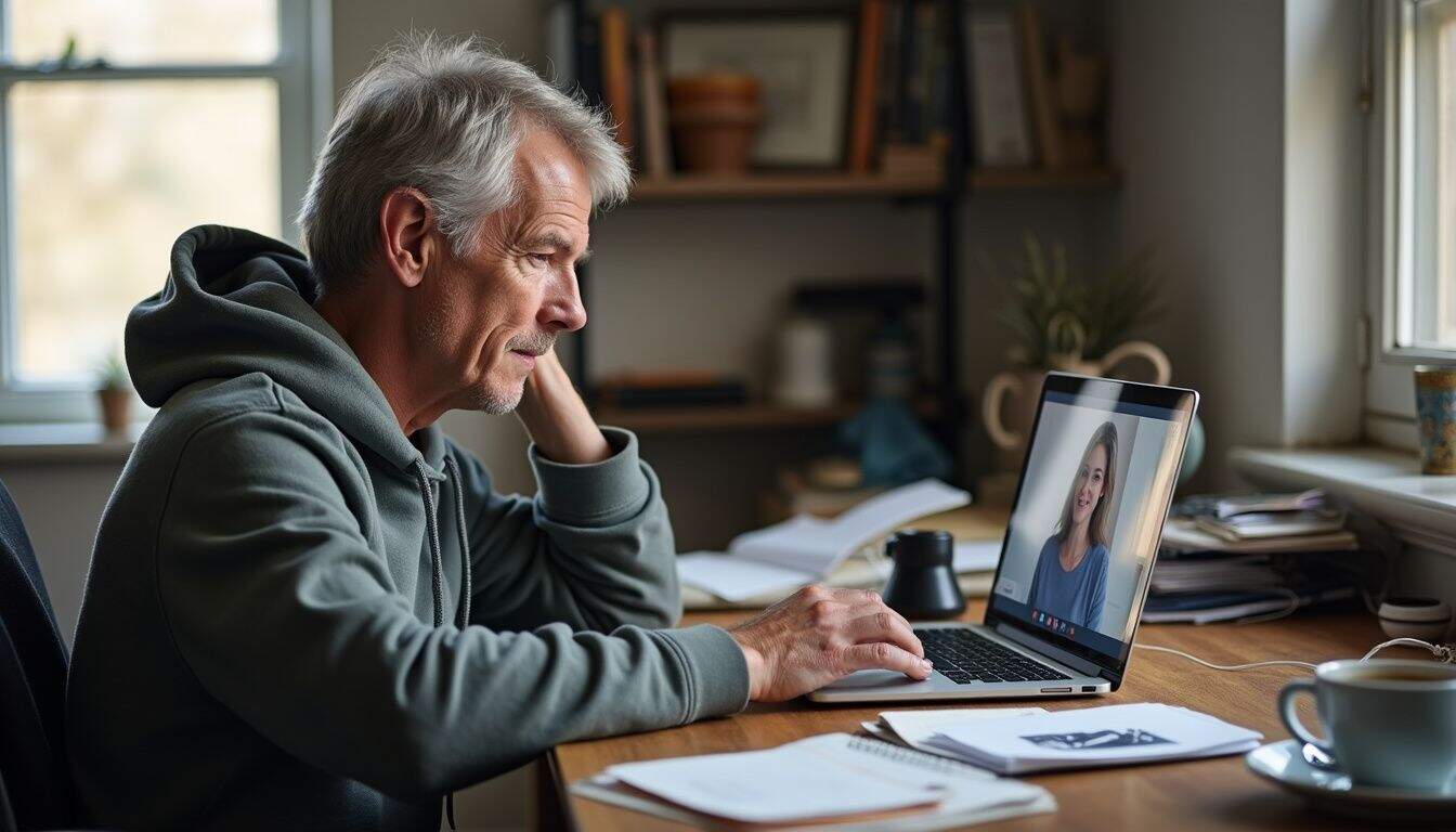 A middle-aged family therapist casually works at a cluttered home desk, focused on a virtual webinar about human development. Senior man engaging in a virtual conversation on his laptop at home, practicing remote communication, online calls, and digital connection, demonstrating tech-savvy lifestyle.