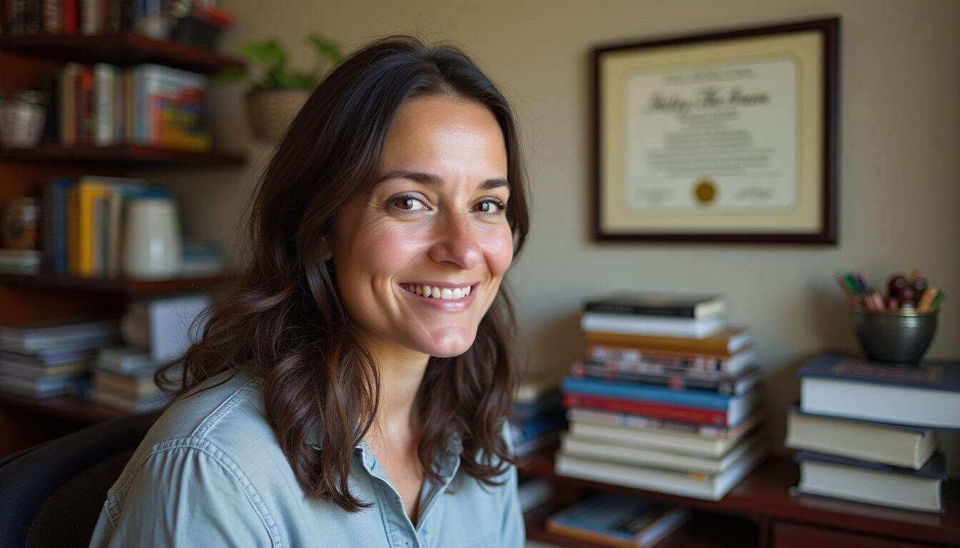 A cozy, lived-in home office features diplomas and books about counseling, conveying a relaxed and authentic atmosphere. Professional woman smiling in her home office with bookshelves and diploma, representing education and personal achievement.