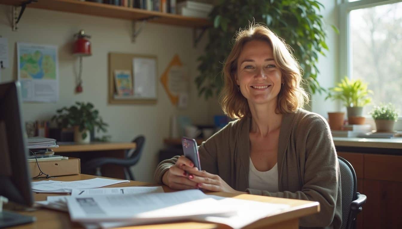 A casual family therapist sits in a cluttered office, portraying a relaxed and genuine atmosphere. Enjoying a bright office space with natural sunlight, smiling woman with short blonde hair holding her smartphone, surrounded by paperwork, plants, and office supplies.